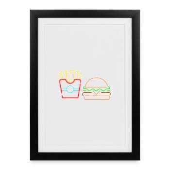 Neon Fast Food Fries et Burger - Affiche encadrée (27 × 37 cm) - noir - Devant