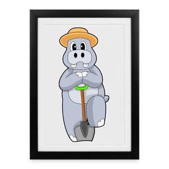 hippopotamus farmer shovel farm - Framed poster (27 × 37 cm) - black - Front