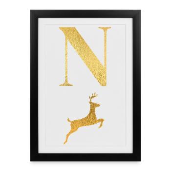Lettre n cerf doré - idée cadeau - Affiche encadrée (27 × 37 cm) - noir - Devant