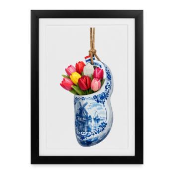 Tulipes dans un sabot bleu de Delft - Affiche encadrée (27 × 37 cm) - noir - Devant