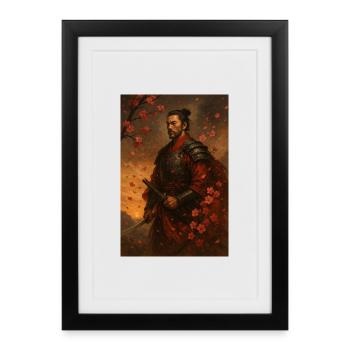 Samurai im Kirschblütensturm - Gerahmtes Poster (27 × 37 cm) - Schwarz - Vorne