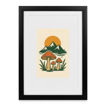 Mountain Lake and Mushrooms Nature Motif - Framed poster (27 × 37 cm) - black - Front
