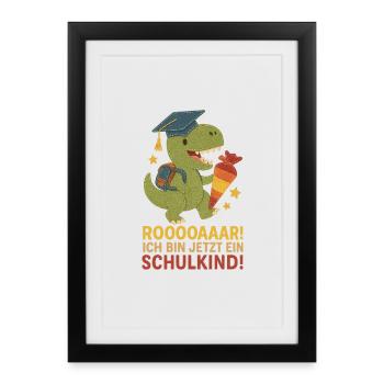 Dino Schulkind T-Rex | Einschulung Filz Stoff Look - Gerahmtes Poster (27 × 37 cm) - Schwarz - Vorne