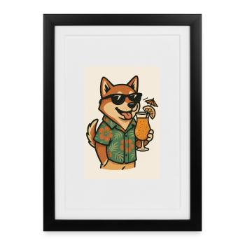 Chien avec chemise hawaïenne et cocktail - Affiche encadrée (27 × 37 cm) - noir - Devant