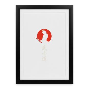 Samurai Silhouette vor roter Sonne – Bushidō - Gerahmtes Poster (27 × 37 cm) - Schwarz - Vorne