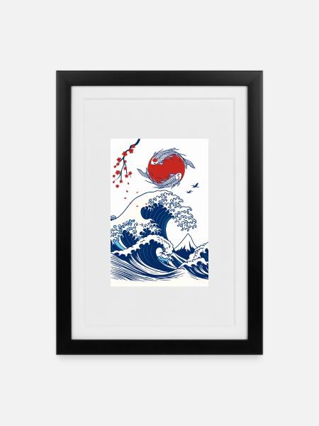 Koi et Vague en Soleil - Affiche encadrée (27 × 37 cm) - noir