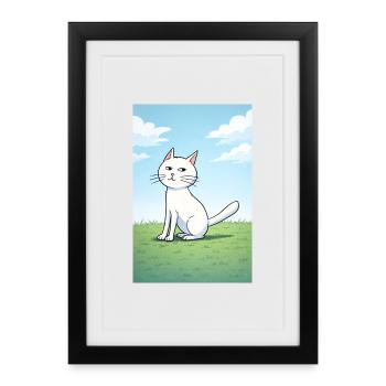 Chat blanc au regard espiègle - Affiche encadrée (27 × 37 cm) - noir - Devant