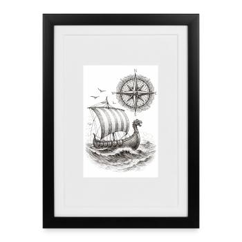 Navire à voile Compass Viking - Affiche encadrée (27 × 37 cm) - noir - Devant