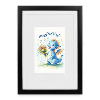 Dragon bleu avec bouquet de fleurs - Affiche encadrée (27 × 37 cm) - noir - Devant
