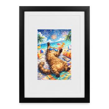 Chat tropical en fête sur plage - Affiche encadrée (27 × 37 cm) - noir - Devant