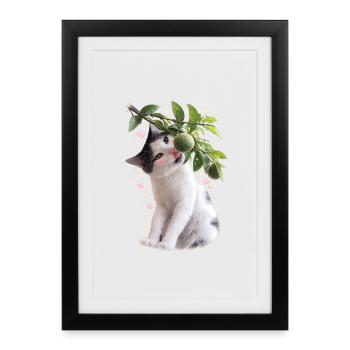 Chat curieux avec du tilleul sur une branche - Affiche encadrée (27 × 37 cm) - noir - Devant