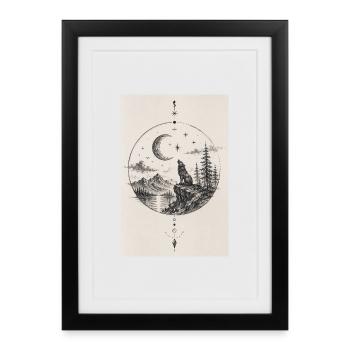 Loup lunaire au sommet rocheux - Affiche encadrée (27 × 37 cm) - noir - Devant