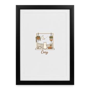Cat Moon Plants Line Cat Lover Design - Affiche encadrée (27 × 37 cm) - noir - Devant