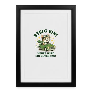 Katzenabenteuer im grünen Cabrio - Gerahmtes Poster (27 × 37 cm) - Schwarz - Vorne