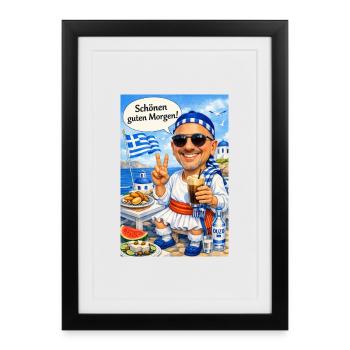 Hellas Morgengruß am Strand - Gerahmtes Poster (27 × 37 cm) - Schwarz - Vorne
