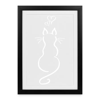 Cat Minimalist Line Back Hearts Love - Framed poster (27 × 37 cm) - black - Front