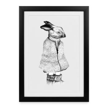 Lapin dessiné en manteau, noir et blanc - Affiche encadrée (27 × 37 cm) - noir - Devant