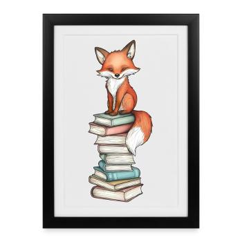 Renard sur pile de livres - Affiche encadrée (27 × 37 cm) - noir - Devant