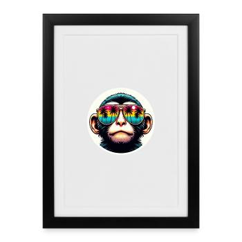 Affe Brille Palmen bunt - Gerahmtes Poster (27 × 37 cm) - Schwarz - Vorne