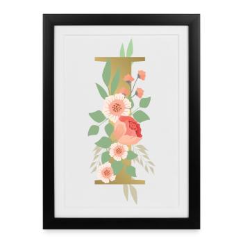 Elégante lettre 'I' avec des fleurs - Affiche encadrée (27 × 37 cm) - noir - Devant