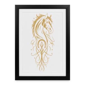 Animaux Chevaux Tatouage avec Ornements en Or - Affiche encadrée (27 × 37 cm) - noir - Devant