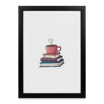 Café et piles de livres - Affiche encadrée (27 × 37 cm) - noir - Devant