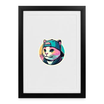 Chat avec casquette en pastel - Affiche encadrée (27 × 37 cm) - noir - Devant