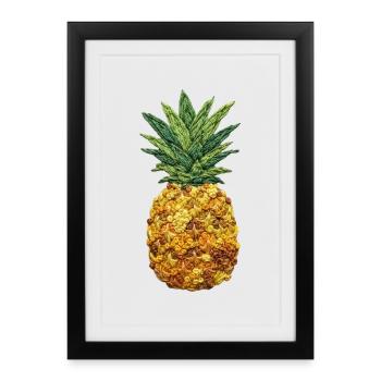 Embroidered pineapple tropical fruit design (printed) - Framed poster (27 × 37 cm) - black - Front