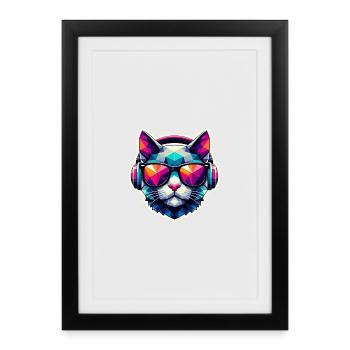 Chat Lunettes Casque Polygone Coloré - Affiche encadrée (27 × 37 cm) - noir - Devant