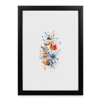 Art floral bleu-orange - Affiche encadrée (27 × 37 cm) - noir - Devant