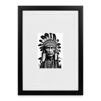 Tête de chef autochtone avec coiffe de plumes - Affiche encadrée (27 × 37 cm) - noir - Devant