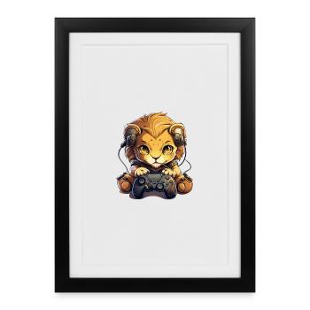 Gamer Lion avec casque - Affiche encadrée (27 × 37 cm) - noir - Devant