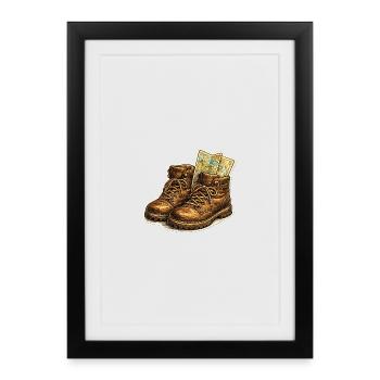 Bottes de randonnée vintage avec carte - Affiche encadrée (27 × 37 cm) - noir - Devant