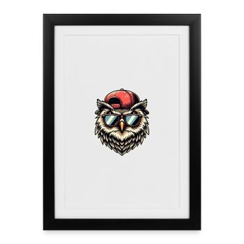 Coole Eule mit Sonnenbrille und Cap - Gerahmtes Poster (27 × 37 cm) - Schwarz - Vorne
