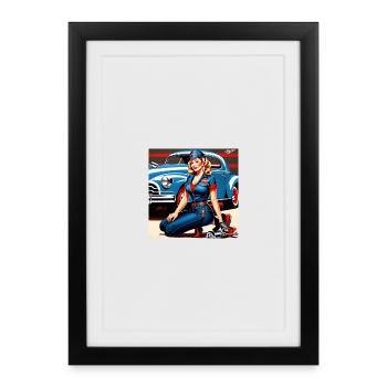 Pinup im Retrowagen Blau - Gerahmtes Poster (27 × 37 cm) - Schwarz - Vorne