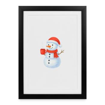Bonhomme de neige avec écharpe et gobelet rouges - Affiche encadrée (27 × 37 cm) - noir - Devant