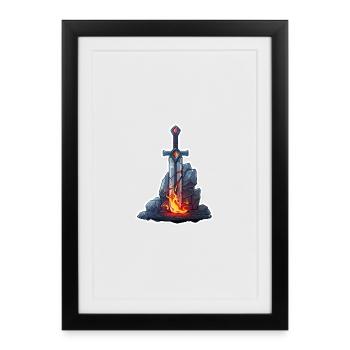 Épée de feu puissante dans un RPG Stone Fantasy - Affiche encadrée (27 × 37 cm) - noir - Devant