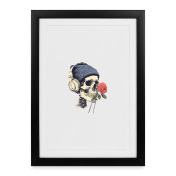 Crâne avec casque et rose - Affiche encadrée (27 × 37 cm) - noir - Devant