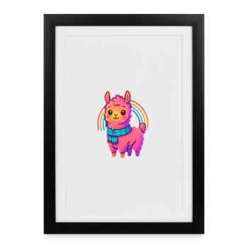 Süßes Kleines Lama Design | Comic Neon Tiermotiv - Gerahmtes Poster (27 × 37 cm) - Schwarz - Vorne