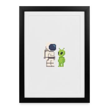 Pixel Astronaut rencontre Alien - Affiche encadrée (27 × 37 cm) - noir - Devant