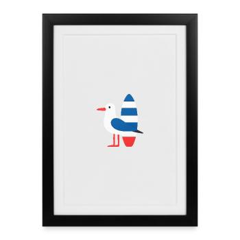 Seagull with surfboard - Framed poster (27 × 37 cm) - black - Front