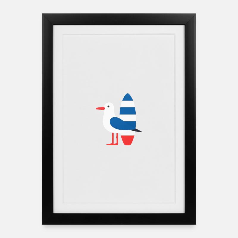 Möwe mit Surfbrett - Gerahmtes Poster (27 × 37 cm) - Schwarz