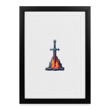 Fantasy RPG Épée avec du feu dans une pierre - Affiche encadrée (27 × 37 cm) - noir - Devant