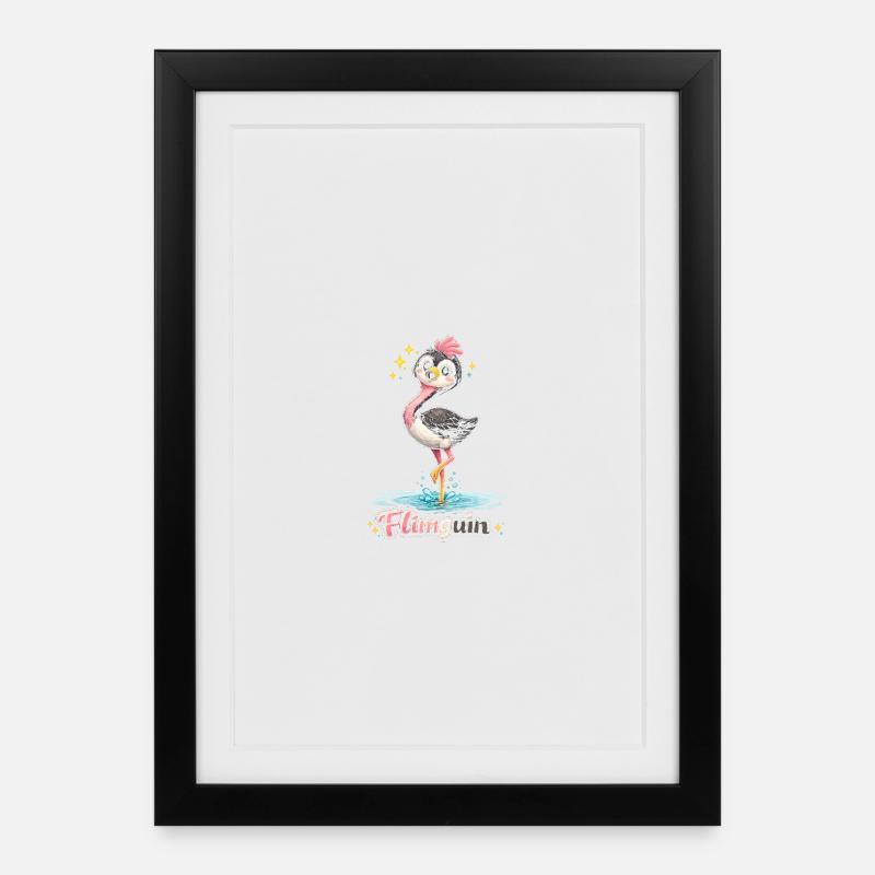 Flimguin | Flamant rose + Pingouin (MD) - Affiche encadrée (27 × 37 cm) - noir