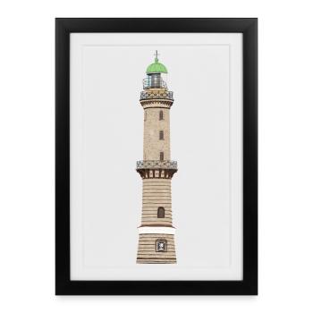 Phare Warnemünde sans texte, mer Baltique - Affiche encadrée (27 × 37 cm) - noir - Devant