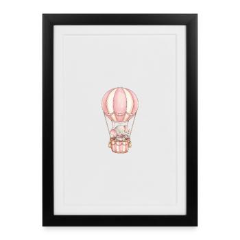Bébé éléphant en montgolfière rose - Affiche encadrée (27 × 37 cm) - noir - Devant