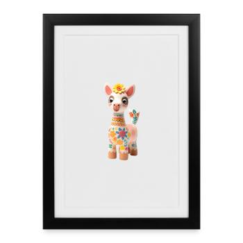Lama mignon avec décoration florale - Affiche encadrée (27 × 37 cm) - noir - Devant