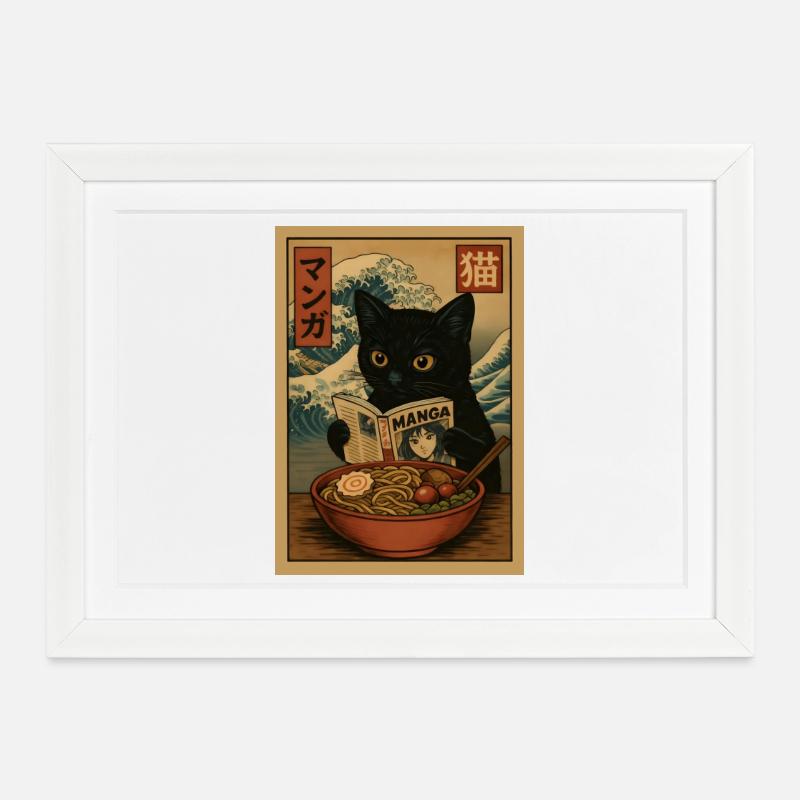 Cat read Manga eating Ramen Wave - Framed poster (37 × 27 cm) - white