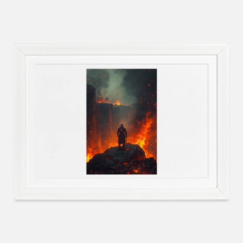 Flammender Ritter am Lavafeld - Gerahmtes Poster (37 × 27 cm) - Weiß