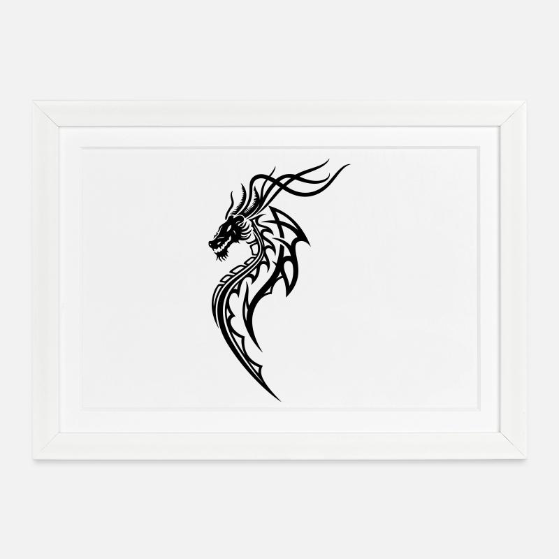 Fantasy Drache Line Art – Tribal Tattoo Stil - Gerahmtes Poster (37 × 27 cm) - Weiß
